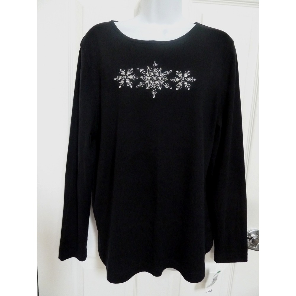 NWT KAREN SCOTT Sz Large 14/16 Black Winter Snowflakes Beaded Pullover Top